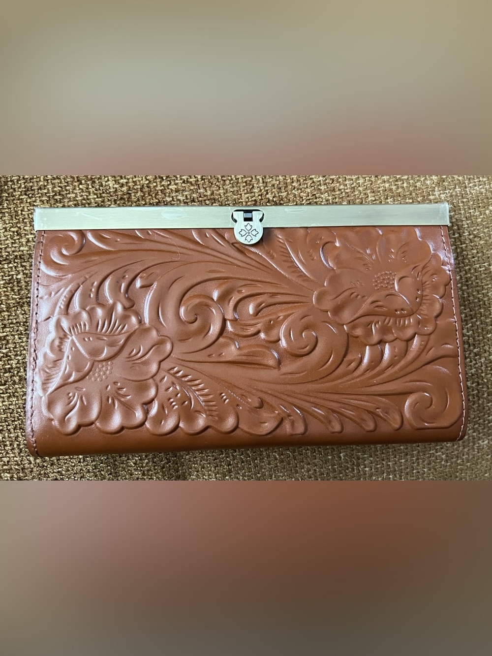 Patricia Nash Cauchy Leather Frame Wallet Tooled Florence Brown NWOT Artsy